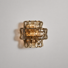 Ghiaccio Textured Glass Wall Light with Smoke Glass and Brass Finish, Light On