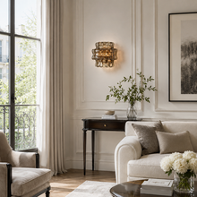 Ghiaccio Textured Glass Wall Light with Smoke Glass and Bronze Finish in a Living Room