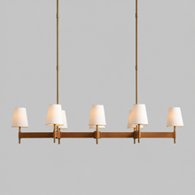Hastings Leather & Fabric Linear Chandelier in Brass, 62", Main Light On