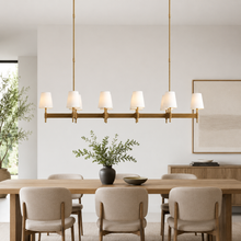Hastings Leather & Fabric Linear Chandelier in Brass, 72", Living Room