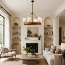 Hastings Leather & Fabric Round Chandelier in Brass, 34", Living Room