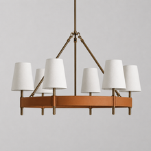 Hastings Leather & Fabric Round Chandelier in Brass, 34", Main Light Off