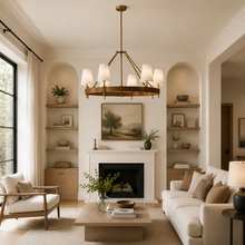 Hastings Leather & Fabric Round Chandelier in Brass, 48", Living Room