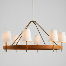 Hastings Leather & Fabric Round Chandelier in Brass, 48", Main Light On
