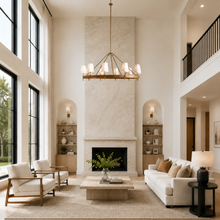 Hastings Leather & Fabric Round Chandelier in Brass, 60", Living Room