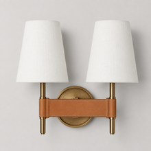Hastings Leather and Fabric Wall Light in Brass, 12", Main Light Off