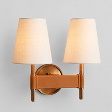 Hastings Leather and Fabric Wall Light in Brass, 12", Main Light On