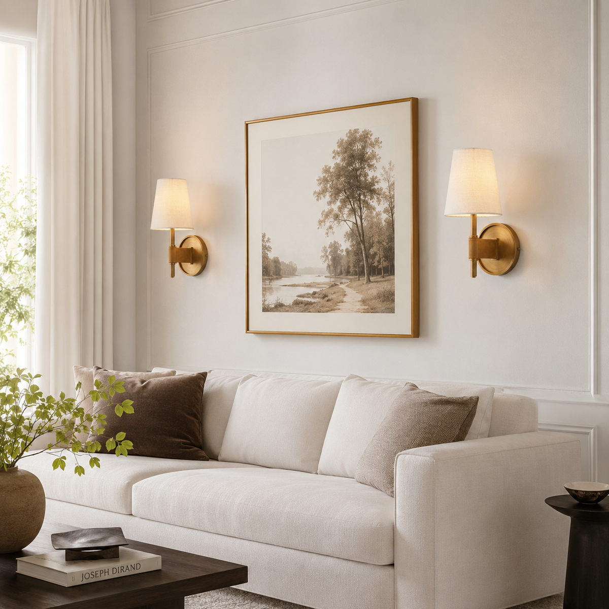 Hastings Leather and Fabric Wall Light in Brass, 6", Living Room