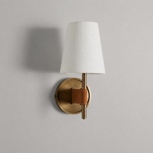 Hastings Leather and Fabric Wall Light in Brass, 6", Main Light Off