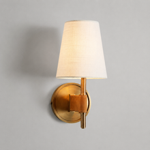 Hastings Leather and Fabric Wall Light in Brass, 6", Main Light On