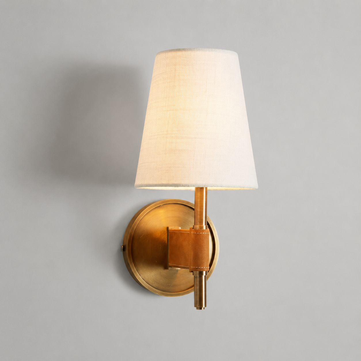 Hastings Leather and Fabric Wall Light in Brass, 6", Main Light On