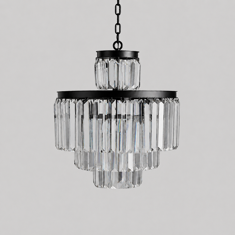 20.5" Leyland Multi-Tier Round Crystal Chandelier in Black, Main Light Off