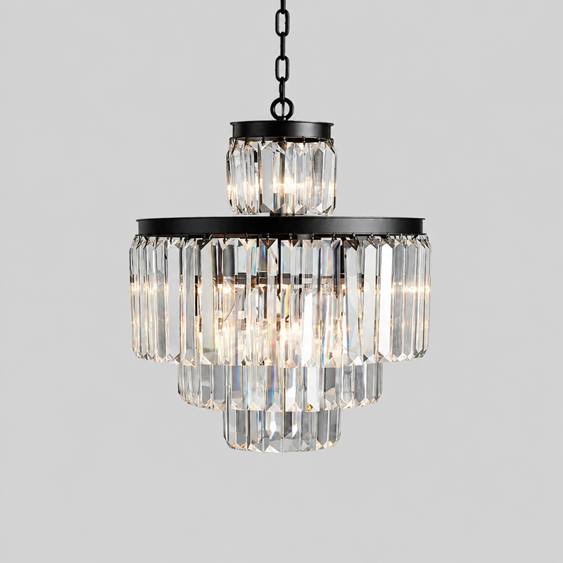 20.5" Leyland Multi-Tier Round Crystal Chandelier in Black, Main Light On