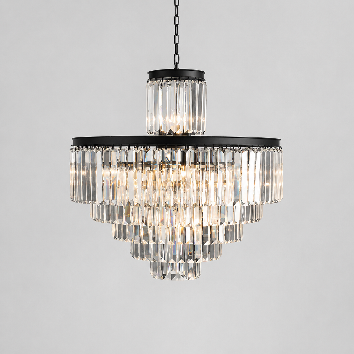 32.2" Leyland Multi-Tier Round Crystal Chandelier in Black, Main Light On