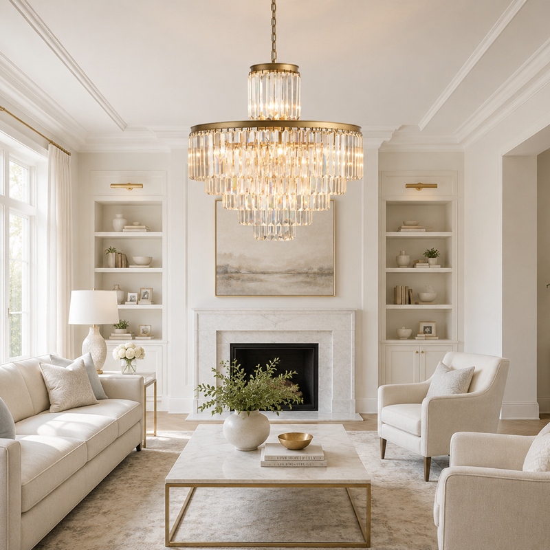 32.2" Leyland Multi-Tier Round Crystal Chandelier in Brass, Detail