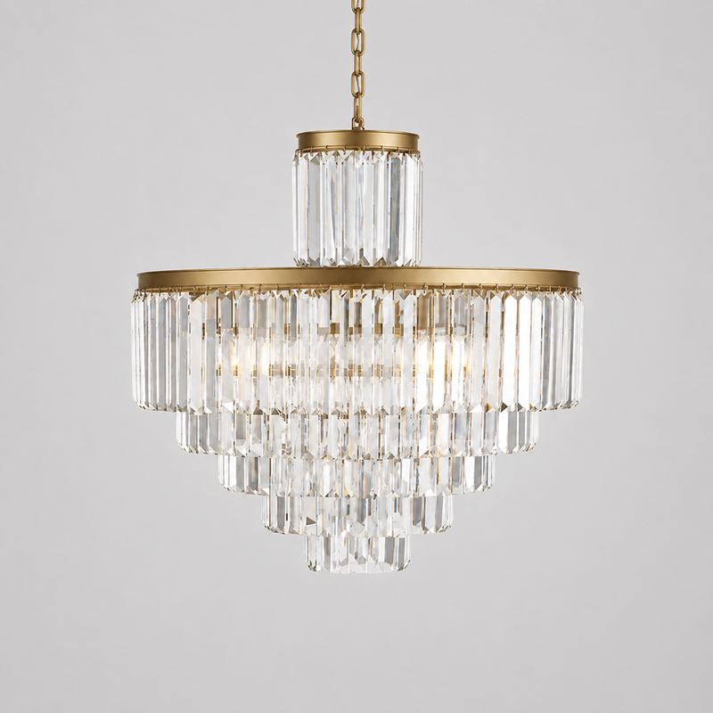 32.2" Leyland Multi-Tier Round Crystal Chandelier in Brass, Main Light Off