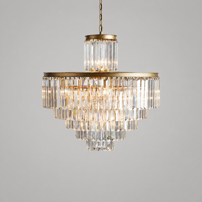 32.2" Leyland Multi-Tier Round Crystal Chandelier in Brass, Main Light On