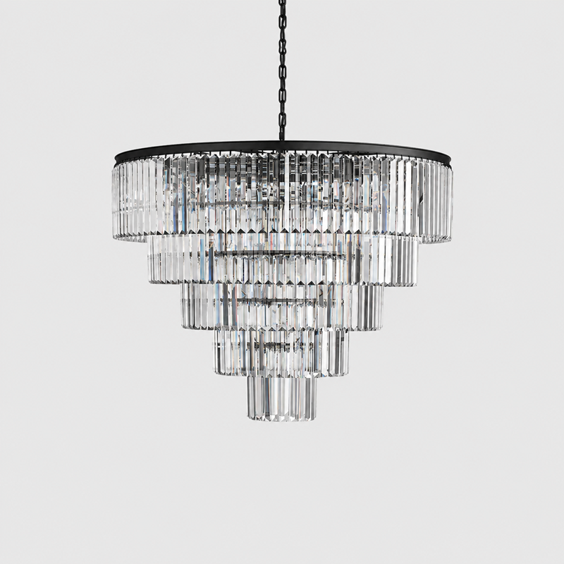 48" Leyland Multi-Tier Round Crystal Chandelier in Black, Main Light Off