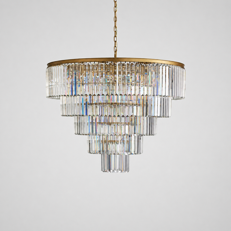 48" Leyland Multi-Tier Round Crystal Chandelier in Brass, Main Light Off