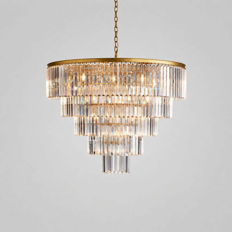 48" Leyland Multi-Tier Round Crystal Chandelier in Brass, Main Light On