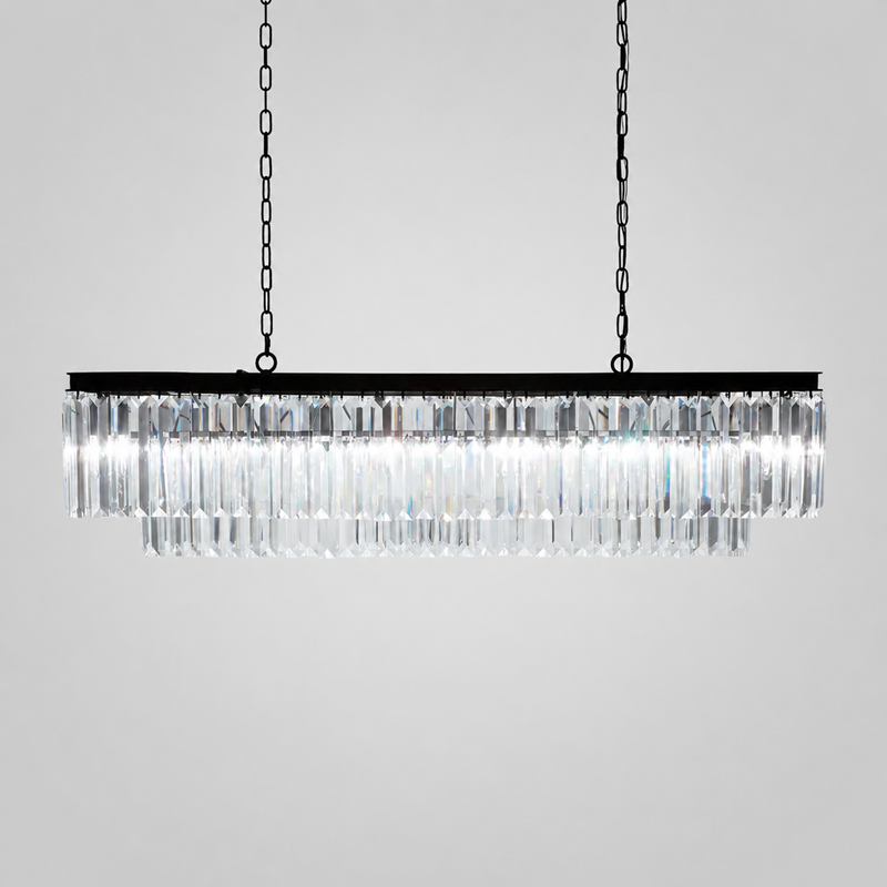 Leyland Multi-Tier Squared Crystal Chandelier in Black, Main Light On