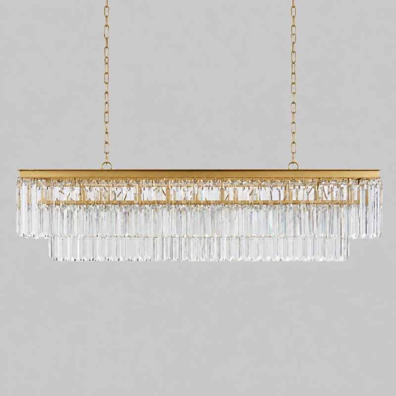 Leyland Multi-Tier Squared Crystal Chandelier in Brass, Main Light Off
