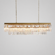 Leyland Multi-Tier Squared Crystal Chandelier in Brass, Main Light On