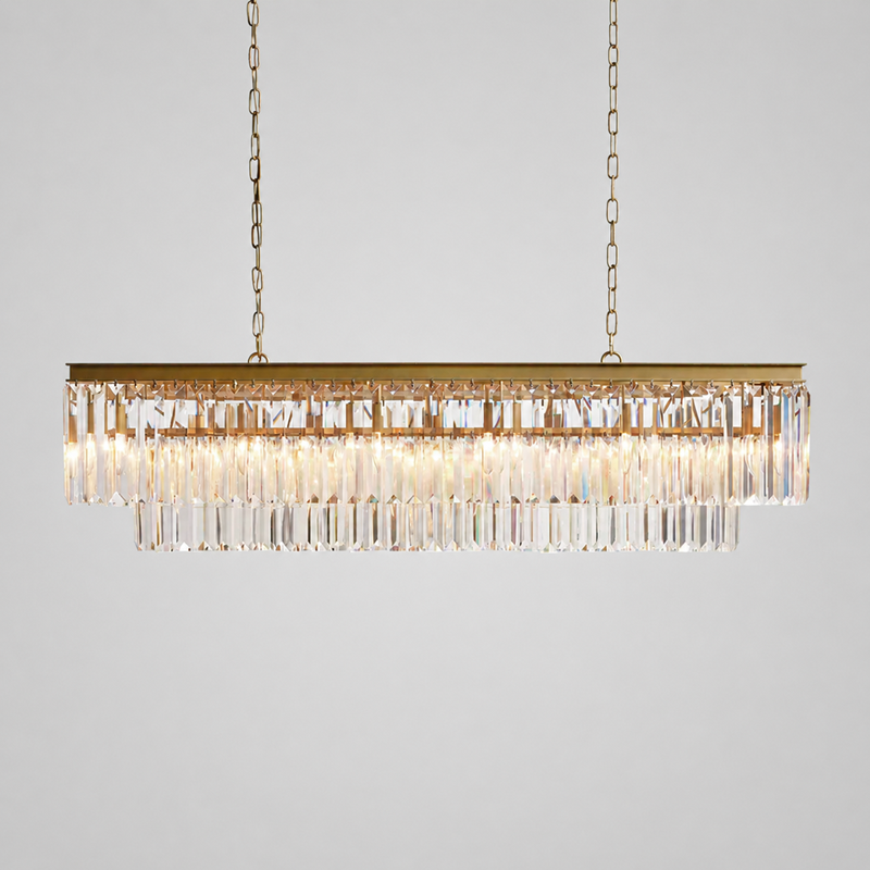 Leyland Multi-Tier Squared Crystal Chandelier in Brass, Main Light On