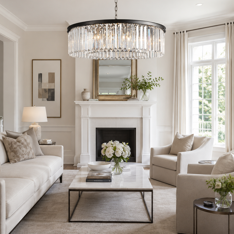 Leyland Single-Tier Round Crystal Chandelier in Black, Detail