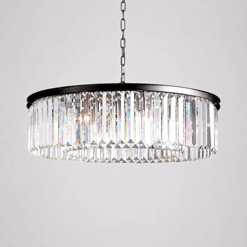 Leyland Single-Tier Round Crystal Chandelier in Black, Main Light On