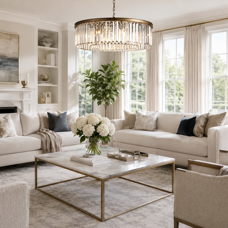 Leyland Single-Tier Round Crystal Chandelier in Brass, Detail