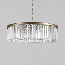 Leyland Single-Tier Round Crystal Chandelier in Brass, Main Light On