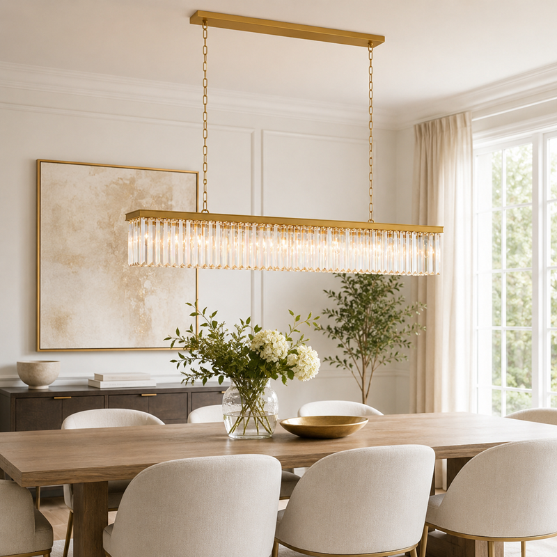 Leyland Single-Tier Squared Crystal Chandelier in Brass, Detail