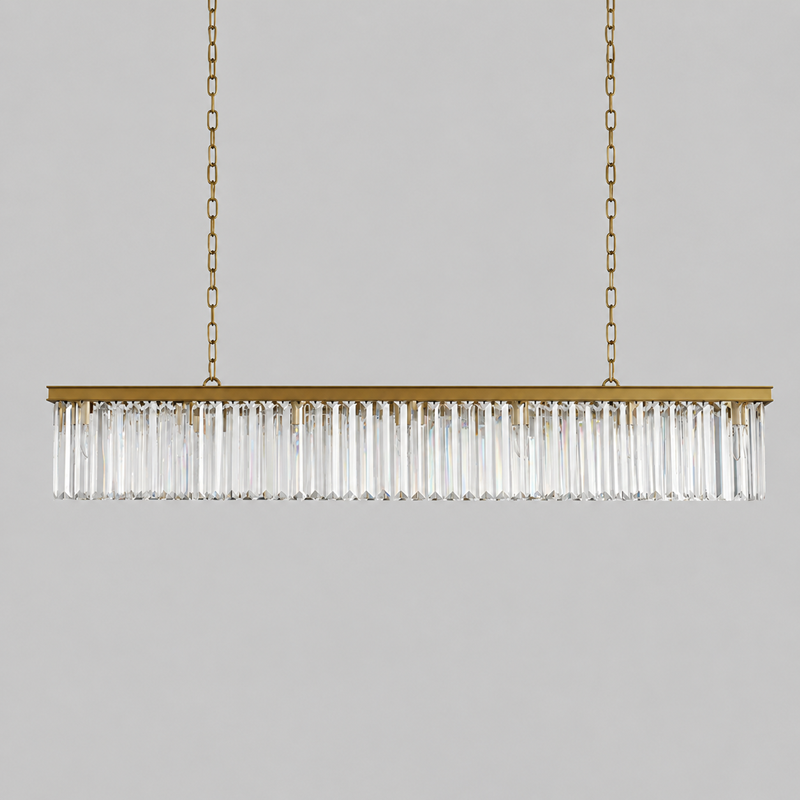 Leyland Single-Tier Squared Crystal Chandelier in Brass, Main Light Off