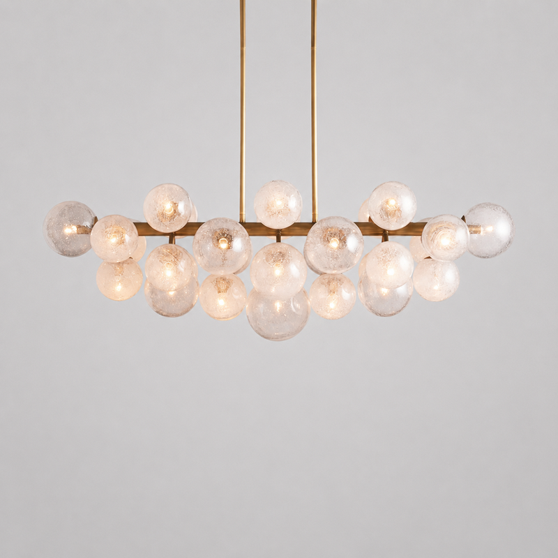 Mandoza Linear Bubble Glass Chandelier with Brass Finish, Main Light On