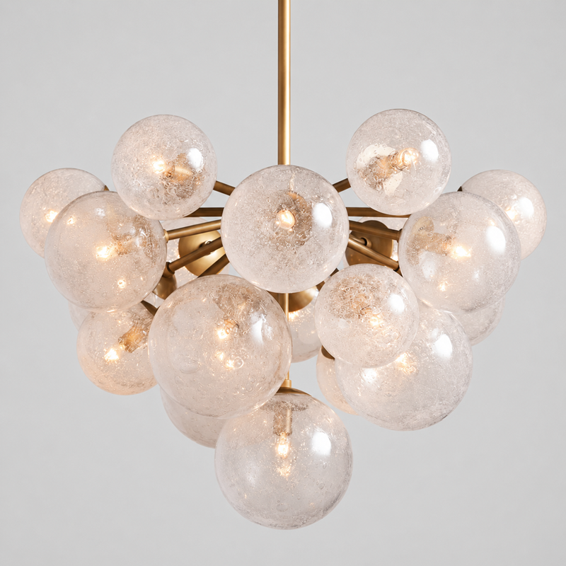 27" Mandoza Round Bubble Glass Chandelier with Brass Finish, Main Light On