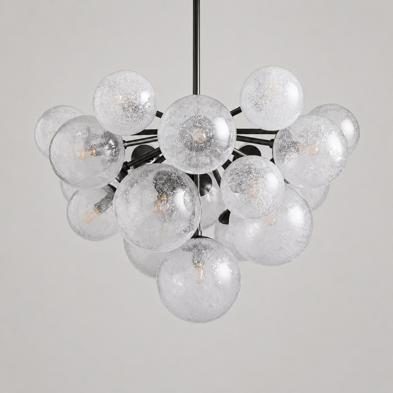 27" Mandoza Round Bubble Glass Chandelier with Bronze Finish, Main Light Off