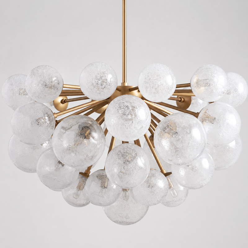 35" Mandoza Round Bubble Glass Chandelier with Brass Finish, Main Light Off