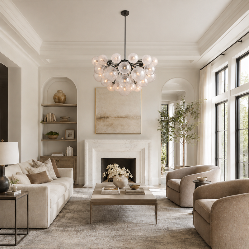 35" Mandoza Round Bubble Glass Chandelier with Bronze Finish, Living Room