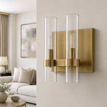 Ravello Glass Cylinder Wall Lighting in Brass, Clear, 10.5", Main Light Off
