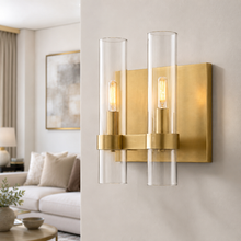 Ravello Glass Cylinder Wall Lighting in Brass, Clear, 10.5", Main Light On
