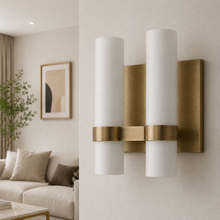 Ravello Glass Cylinder Wall Lighting in Brass, Milk, 10.5", Main Light Off