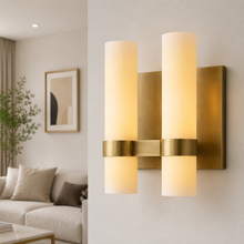 Ravello Glass Cylinder Wall Lighting in Brass, Milk, 10.5", Main Light On
