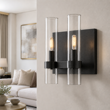 Ravello Glass Cylinder Wall Lighting in Bronze, Clear, 10.5", Main Light On