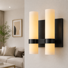 Ravello Glass Cylinder Wall Lighting in Bronze, Milk, 10.5", Main Light On