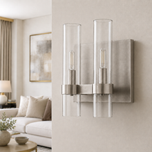 Ravello Glass Cylinder Wall Lighting in Nickel, Clear, 10.5", Main Light Off