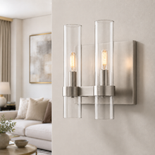 Ravello Glass Cylinder Wall Lighting in Nickel, Clear, 10.5", Main Light On