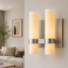 Ravello Glass Cylinder Wall Lighting in Nickel, Milk, 10.5", Main Light On