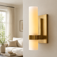 Ravello Glass Cylinder Wall Lighting in Brass, Milk, 4.7", Main Light On