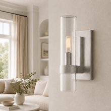 Ravello Glass Cylinder Wall Lighting in Nickel, Clear, 4.7", Main Light On